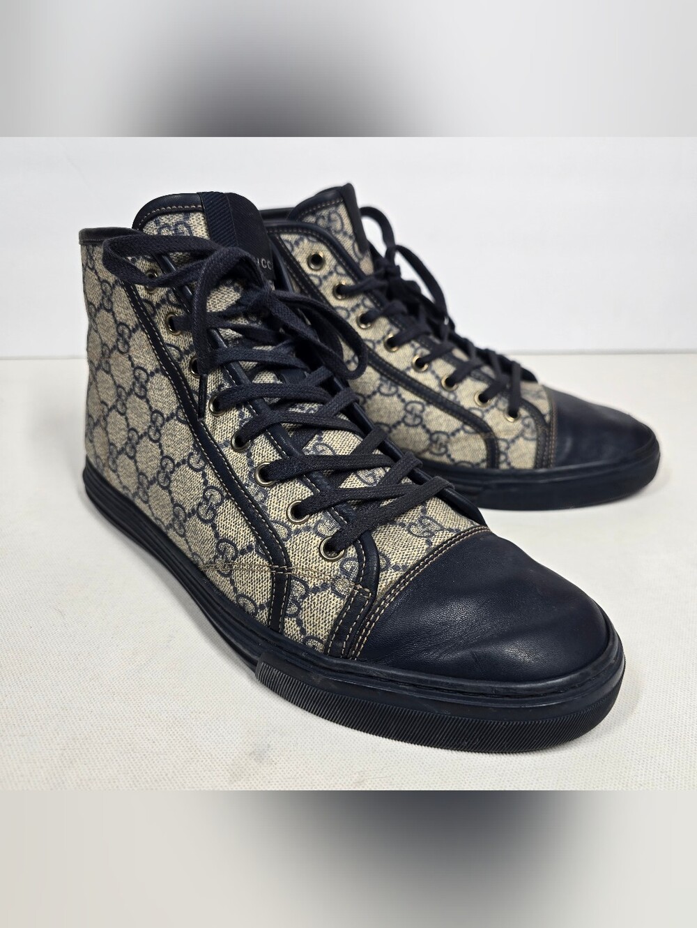 Gucci California GG Guccisima Monogram Canvas High Top Sneakers 8.5G Beige Blue